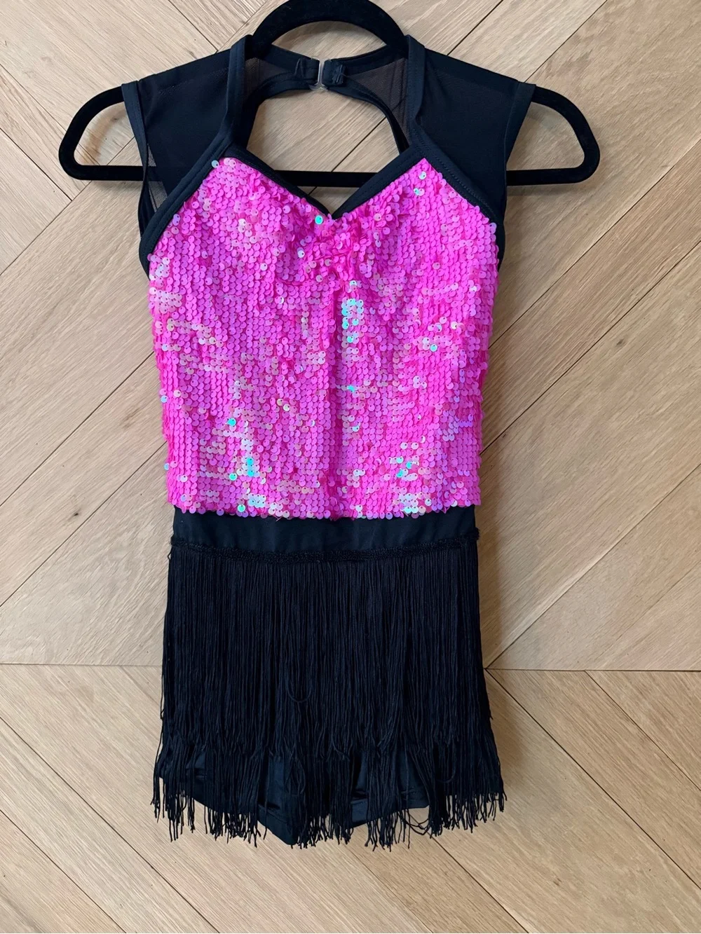 Weissman Hot Pink Sequin Dance Costume with Black Fringe